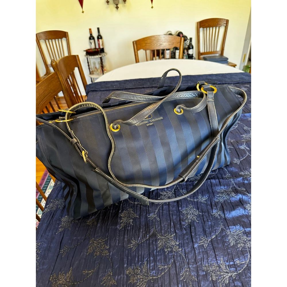 Valentino Garavani Leather & Nylon Navy Striped Travel Bag - Picture 4 of 16